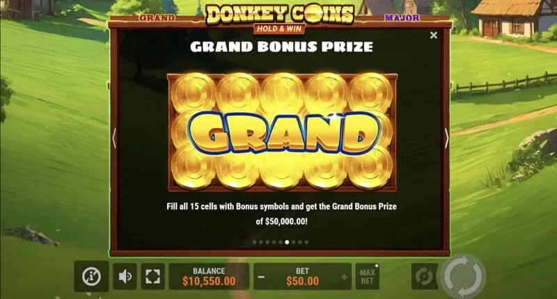 Donkey Coins Hold & Win – képernyő a Mini, Minor, Major, Grand Jackpotokkal