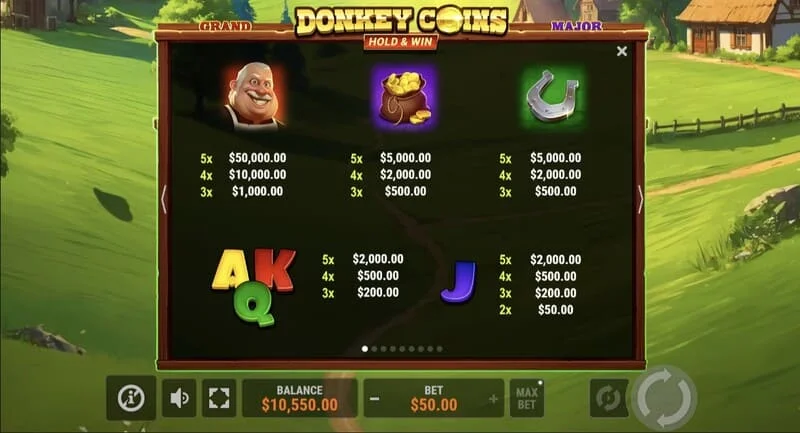 Donkey Coins Hold & Win – képernyő a ragadós Coin zsetonokkal