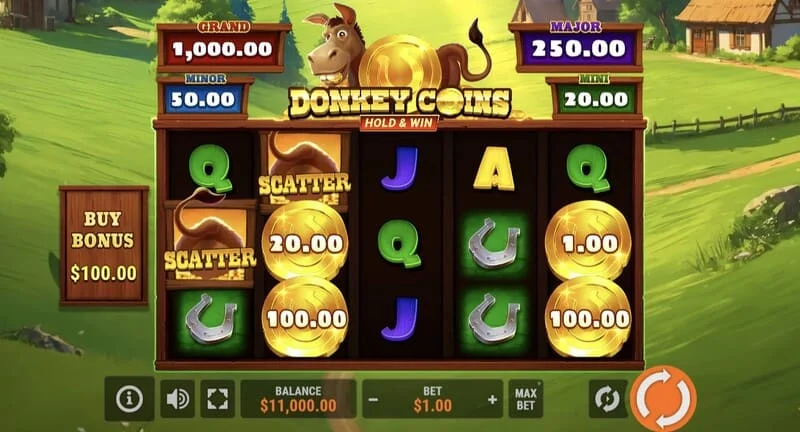 Donkey Coins Hold & Win – fő képernyő a tárcsákkal